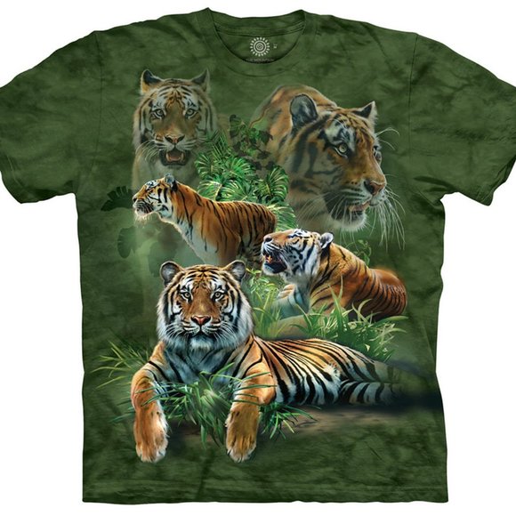 The Mountain Tiger King Jungle Cat Tigers Reflection Collage Green T-Shirt S-3X - Picture 1 of 5
